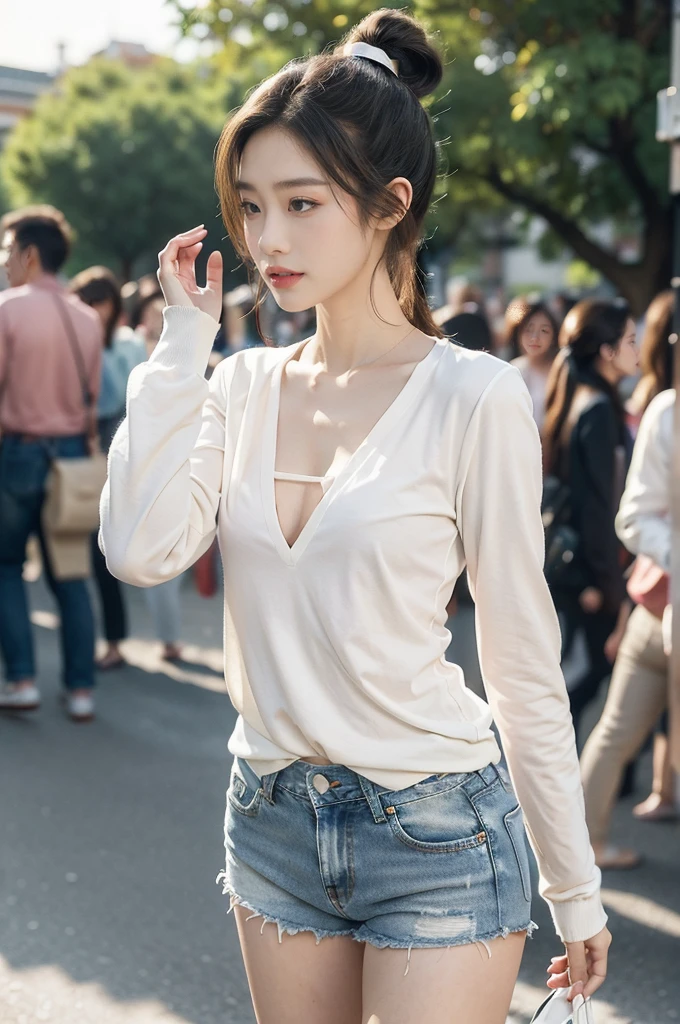 (((best quality))),(((ultra detailed))),(((masterpiece))),illustration,((1 beautiful girl,solo)),((slim,thin)),((small breasts,flat chest)), outside school gate, summer twilight, sunlight,(short ponytail:1.3),((claviclies,cleavage)),((white long-sleeved shirt)),((denim shorts,slender legs)),animated face, excited eyes, sounds of laughter, chatter, excitement of summer vacation, air filled with energy, school gate golden glow, symbol of end of academic year, schoolyard transformed, reunion, farewells, embracing setting sun, face illuminated, moment captured, fleeting instant, essence of summer, carefree spirit, youthful exuberance, embodiment of season, sun dips, rosy glow, joy of living,promise of adventures,((standing,from front,upper body)),(surrounded by crowded crowds:1.3)