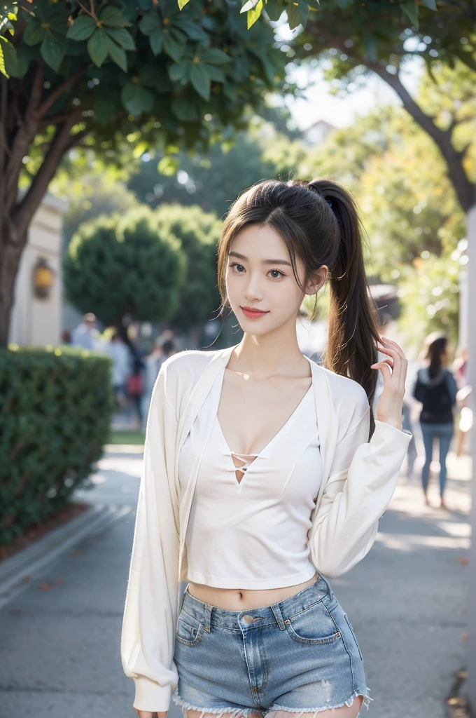 最high quality, table top, High resolution, 20 years old wearing short camisole, 1 girl,very beautiful face,(Ultra-high definition image of an extremely beautiful face),(short camisole),hair ornaments,, gem diamond,realistic, New York night view、blur the background、,full body image,(high definition skin:1.2),Looking at camera with a smile,full body image 8K UHD, Digital single-lens reflex camera, in the soft and bright sunlight,high quality, volume lighting, Frank, photograph, High resolution,full body image,4K、Japanese college student、A sloppy smile、stand up straight、((((upper body photo)))),one person, ((very short twintails )) 、
