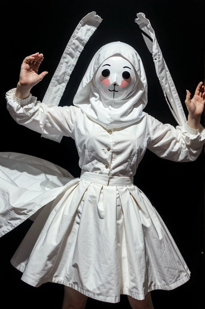 Ghost in white skirt, hands raise like puppet, full body, no face, ultra realistic, detailed, black background