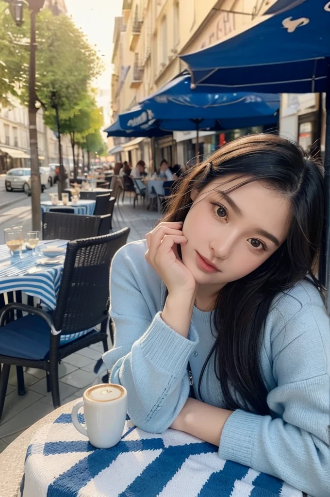 Mood photo for advertising, -yeld gisitting at a coffee table holding a tablecloth with blue and white patches, outdoor sidewalk cafe, exterior front shot, Close-up selfie, In addition to cobblestone paving, in paris, Enjoy a Cup Pacino, morning sunlight outside the window, realistic, selfie 