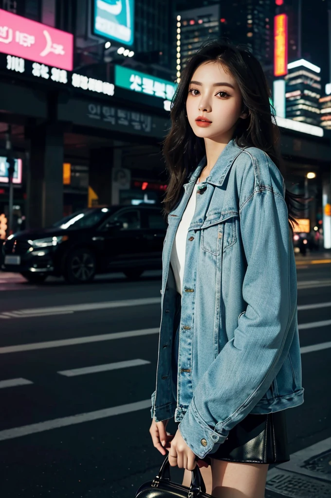 A beautiful city girl with detailed makeup, stylish clothes, and high fashion sense, long straight hair, carrying a chic handbag, and wearing trendy sunglasses, walking confidently on the busy streets of Seoul [urban, modern, vibrant]. Her flawless porcelain skin glows in the sunlight, highlighting her impeccable complexion. The vivid colors of the cityscape create a lively backdrop, with bustling markets, neon lights, and skyscrapers [dynamic, energetic]. The girl is surrounded by a group of fashionable girls, all with unique styles, each reflecting their individuality [stylish, diverse]. The overall scene exudes a sense of glamour and sophistication.

The artwork is rendered using a mixture of digital painting and photography techniques [mixed-media, contemporary]. It showcases a high level of detail, with intricate patterns on the girl's outfit, highlighting her fashion-forward style. The lighting is carefully crafted to create a soft yet dramatic effect, enhancing the overall mood of the image [soft lighting, dramatic ambiance]. The color palette consists of vibrant and saturated tones, giving the artwork a bold and captivating look [vibrant colors]. The composition of the artwork is carefully balanced, drawing the viewer's attention to the stylish girl at the center while capturing the energy of the surrounding city [balanced composition].

(best quality, 4k, high-res), ultra-detailed, realistic artwork, with sharp focus and vivid colors, perfectly encapsulating the essence of urban fashion [masterpiece:1.2, ultra-detailed, realistic:1.37]. The image quality is top-notch, showcasing every intricate detail of the girl's makeup, her stylish ensemble, and the vibrant cityscape. The overall feel of the artwork is sophisticated and visually stunning.