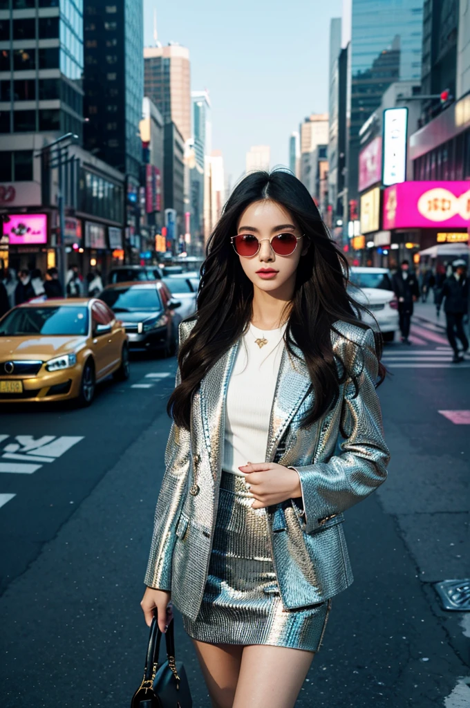 A beautiful city girl with detailed makeup, stylish clothes, and high fashion sense, long straight hair, carrying a chic handbag, and wearing trendy sunglasses, walking confidently on the busy streets of Seoul [urban, modern, vibrant]. Her flawless porcelain skin glows in the sunlight, highlighting her impeccable complexion. The vivid colors of the cityscape create a lively backdrop, with bustling markets, neon lights, and skyscrapers [dynamic, energetic]. The girl is surrounded by a group of fashionable girls, all with unique styles, each reflecting their individuality [stylish, diverse]. The overall scene exudes a sense of glamour and sophistication.

The artwork is rendered using a mixture of digital painting and photography techniques [mixed-media, contemporary]. It showcases a high level of detail, with intricate patterns on the girl's outfit, highlighting her fashion-forward style. The lighting is carefully crafted to create a soft yet dramatic effect, enhancing the overall mood of the image [soft lighting, dramatic ambiance]. The color palette consists of vibrant and saturated tones, giving the artwork a bold and captivating look [vibrant colors]. The composition of the artwork is carefully balanced, drawing the viewer's attention to the stylish girl at the center while capturing the energy of the surrounding city [balanced composition].

(best quality, 4k, high-res), ultra-detailed, realistic artwork, with sharp focus and vivid colors, perfectly encapsulating the essence of urban fashion [masterpiece:1.2, ultra-detailed, realistic:1.37]. The image quality is top-notch, showcasing every intricate detail of the girl's makeup, her stylish ensemble, and the vibrant cityscape. The overall feel of the artwork is sophisticated and visually stunning.
