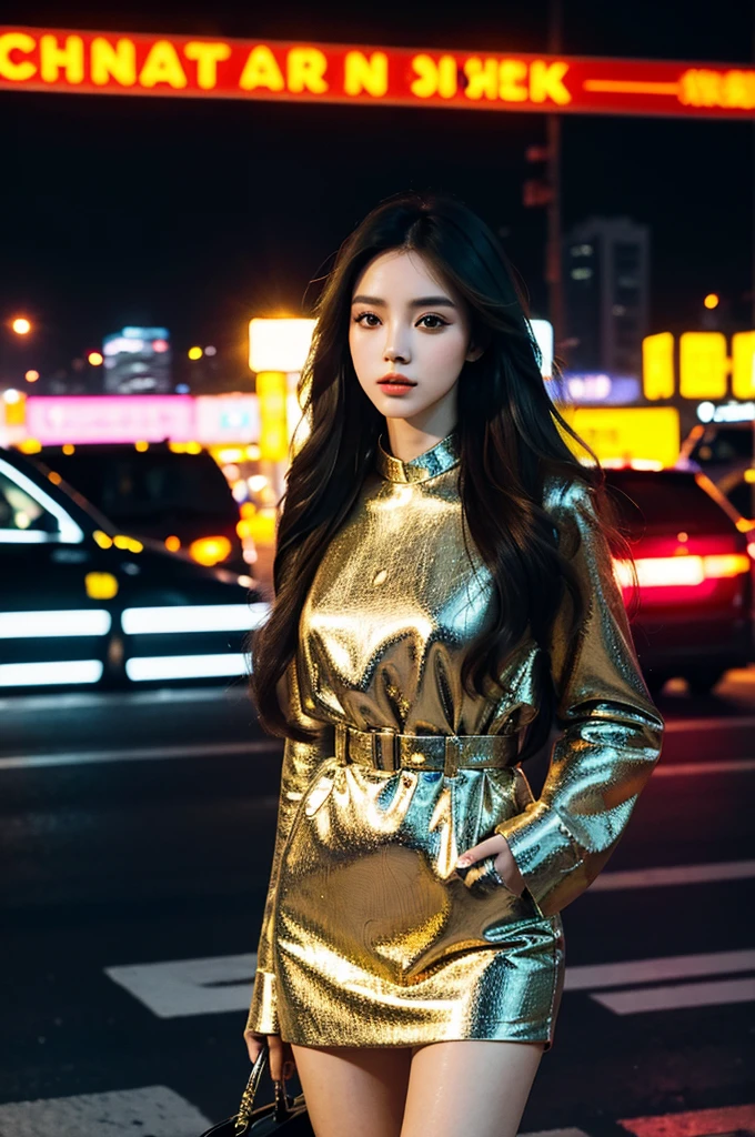 A beautiful city girl with detailed makeup, stylish clothes, and high fashion sense, long straight hair, carrying a chic handbag, and wearing trendy sunglasses, walking confidently on the busy streets of Seoul [urban, modern, vibrant]. Her flawless porcelain skin glows in the sunlight, highlighting her impeccable complexion. The vivid colors of the cityscape create a lively backdrop, with bustling markets, neon lights, and skyscrapers [dynamic, energetic]. The girl is surrounded by a group of fashionable girls, all with unique styles, each reflecting their individuality [stylish, diverse]. The overall scene exudes a sense of glamour and sophistication.

The artwork is rendered using a mixture of digital painting and photography techniques [mixed-media, contemporary]. It showcases a high level of detail, with intricate patterns on the girl's outfit, highlighting her fashion-forward style. The lighting is carefully crafted to create a soft yet dramatic effect, enhancing the overall mood of the image [soft lighting, dramatic ambiance]. The color palette consists of vibrant and saturated tones, giving the artwork a bold and captivating look [vibrant colors]. The composition of the artwork is carefully balanced, drawing the viewer's attention to the stylish girl at the center while capturing the energy of the surrounding city [balanced composition].

(best quality, 4k, high-res), ultra-detailed, realistic artwork, with sharp focus and vivid colors, perfectly encapsulating the essence of urban fashion [masterpiece:1.2, ultra-detailed, realistic:1.37]. The image quality is top-notch, showcasing every intricate detail of the girl's makeup, her stylish ensemble, and the vibrant cityscape. The overall feel of the artwork is sophisticated and visually stunning.