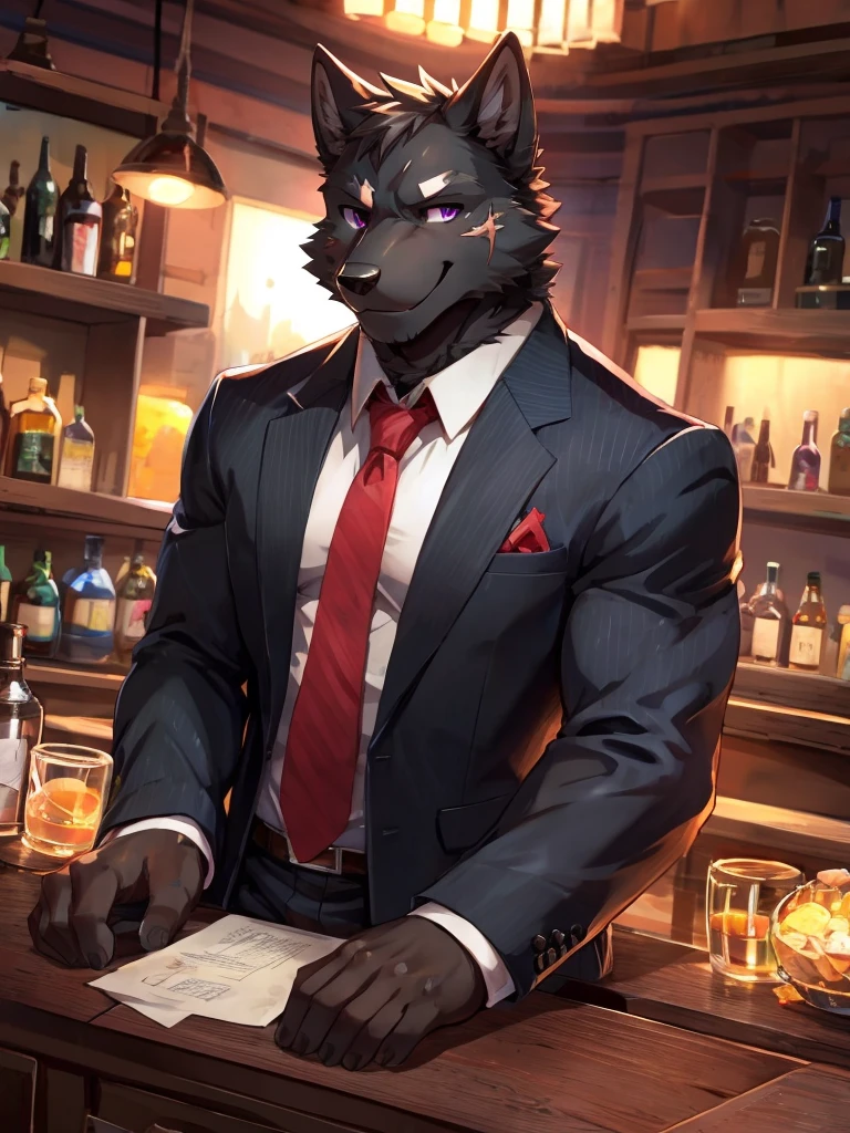 embedding:Black wolf，male, Purple eyes,Scar on the face, Single Person,black fur.The mob boss,Tattoo,Black suit,At the bar,happy，Smart,Adult male,Handsome,Best quality hands, best quality eye，detailed fur，Delicate eyes.Extreme picture quality，by sollyz,by zixiong,by null_ghost