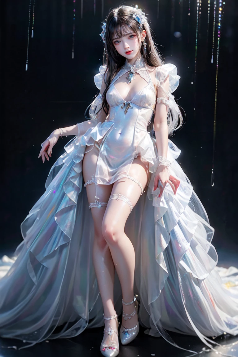 (Highest quality), masterpiece, Extremely detailed CG8K Painting, High collar, Extremely High collar saturation, All colors become darker, Painting, Graffiti art, center composition, Highly detailed lights and shadows, (masterpiece, Highest quality:1.2), One girl, alone,white see-through dress、See-through clothing、Pool、lots of water droplets、Shooting from below、Low - Angle、Small breasts、Full body, face and eyes are very detailed, Medium length hair, Multicolored clouds
