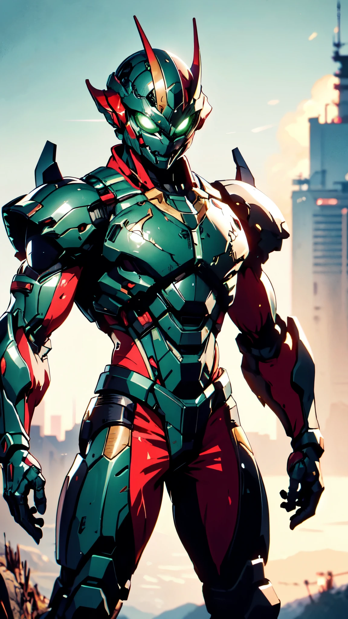 A man wearing a full-face helmet, a fantasy-style biotech armored combat suit, green eyes, (a composite layered chest armor), fully enclosed shoulder guards, matching arm and leg guards, the belt is adorned with dragon claw grasping orbs, (the color scheme is primarily black with red accents), the design balances heavy with agility, a high-tech bio-mecha armor, (Armor Concept Inspired by Dragons, stand on the top of a skyscraper in a futuristic sci-fi city), this character embodies a finely crafted fantasy-surreal style armored hero in anime style, exquisite and mature manga art style, (element, plasma, energy, the armor glows), ((male:1.5)), metallic, real texture material, dramatic, high definition, best quality, highres, ultra-detailed, ultra-fine painting, extremely delicate, professional, perfect body proportions, golden ratio, anatomically correct, symmetrical face, extremely detailed eyes and face, high quality eyes, creativity, RAW photo, UHD, 32k, Natural light, cinematic lighting, masterpiece-anatomy-perfect, masterpiece:1.5