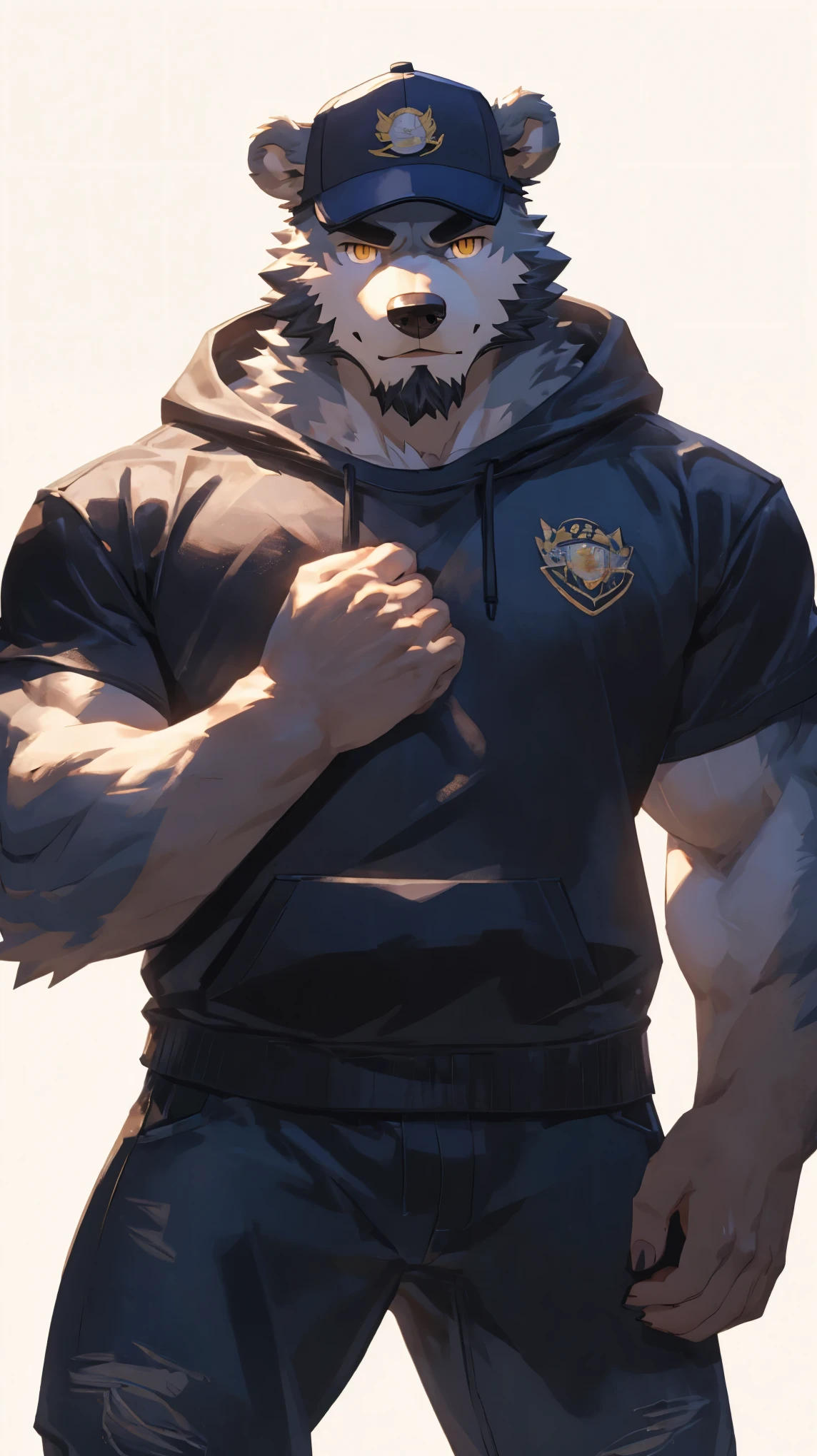 (masterpiece:1.2), best quality,pixiv,official art,perfect anatomy, (Ray tracing, light),solo, (1_male:1.3) , (muscle), (grey fur:1.4), (muscle bear), (beard:1.2), (gleaming golden eyes), bear tail, full body, Thick black eyebrows, baseball cap, (open short hoodie), (naked inside),Ripped short jeans, black short boots, (pure white background: 1.3), (front view:1.3), character design