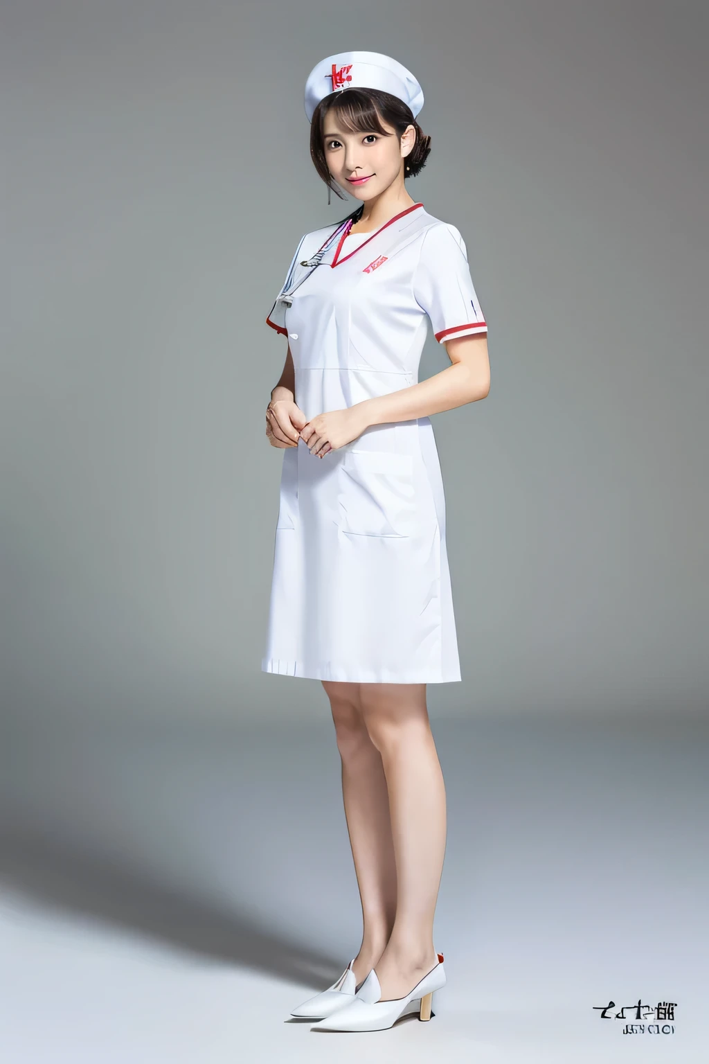 (8k, best quality, masterpiece:1.3), (Zoom out shot, full body standing:1.2), (beautiful Japanese mature woman), shirt cut hair, (wearing white Nurse's uniform, Nurse's cap :1.2),