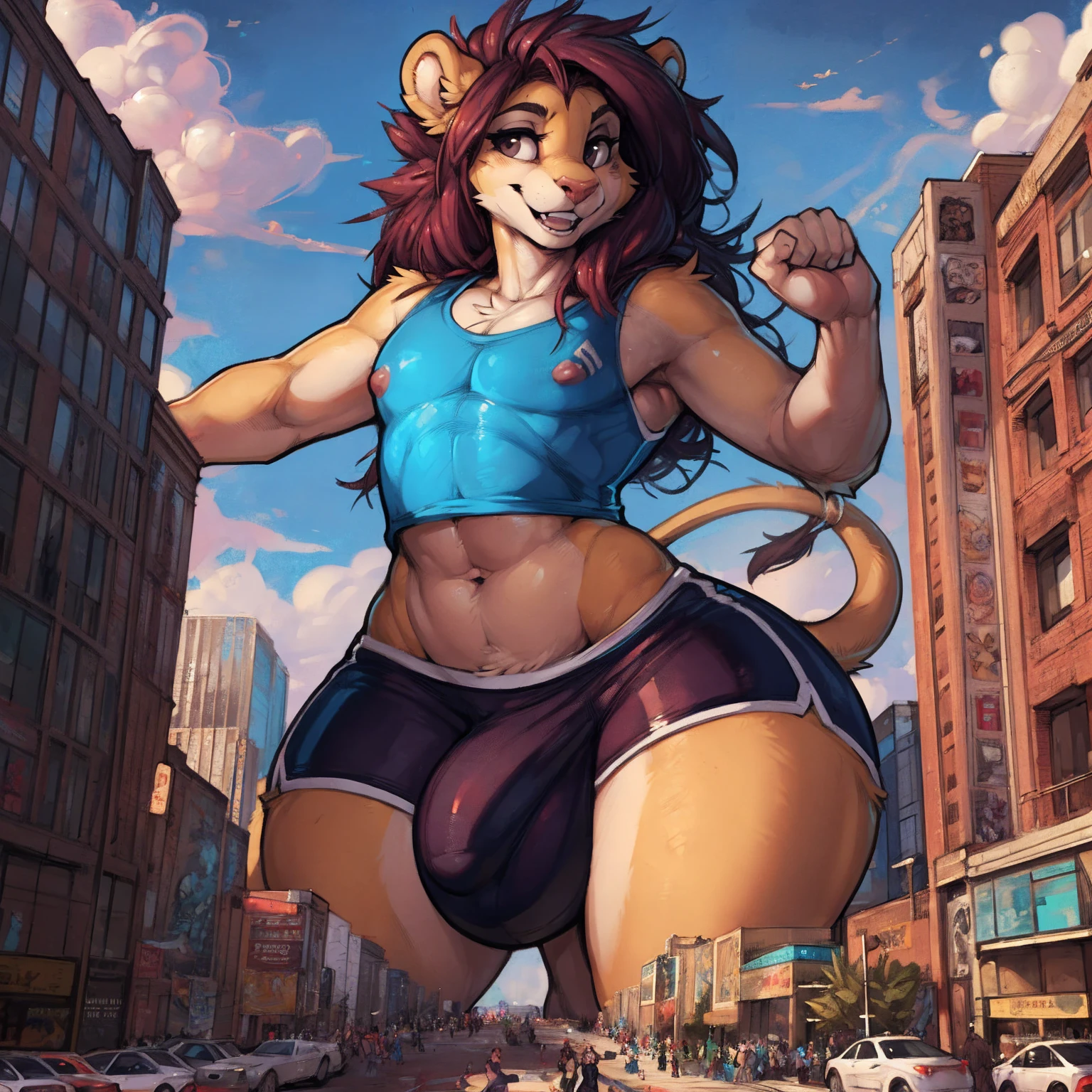 (by zackary911, by darkgem, by wyntersun, by boosterpang), solo focus, solo, 1boy, male, lion boy, cute, girly, femboy, twink, short boy, looking at viewer, smiling, happy, athletic figure, (hyper hips:1.3), (huge bulge), bulgeJ8, penis outline, large balls, long hair, detailed eyes, lust, masterpiece, best quality, lycra shorts, white tank top, nipple outline, pink sneakers, standing upright, photorealistic, hyperrealistic, ultradetailed, detailed background, photo background, digital drawing (artwork), girly, outside, cityscape, (giant:1.8), (macro:1.6), (crowded:1.4), (figures in background), looking at viewer, stretching, (tail),