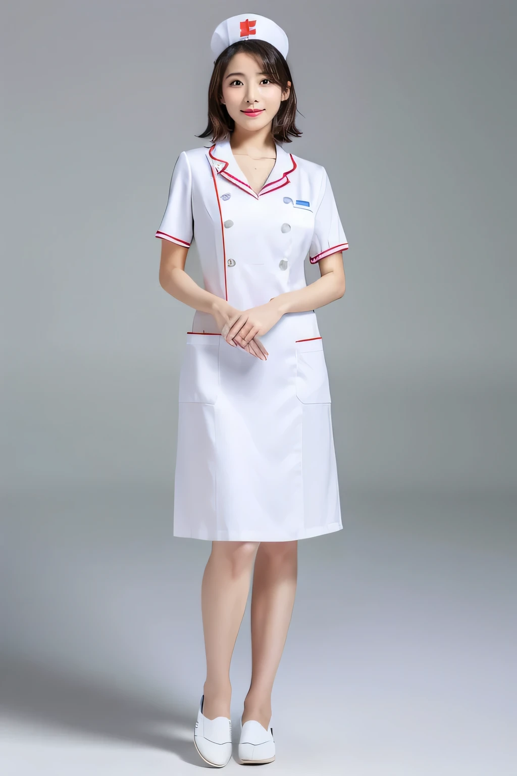 (8k, best quality, masterpiece:1.3), (Zoom out shot, full body standing:1.2), (beautiful Japanese mature woman), shirt cut hair, (wearing white Nurse's uniform, Nurse's cap :1.2),