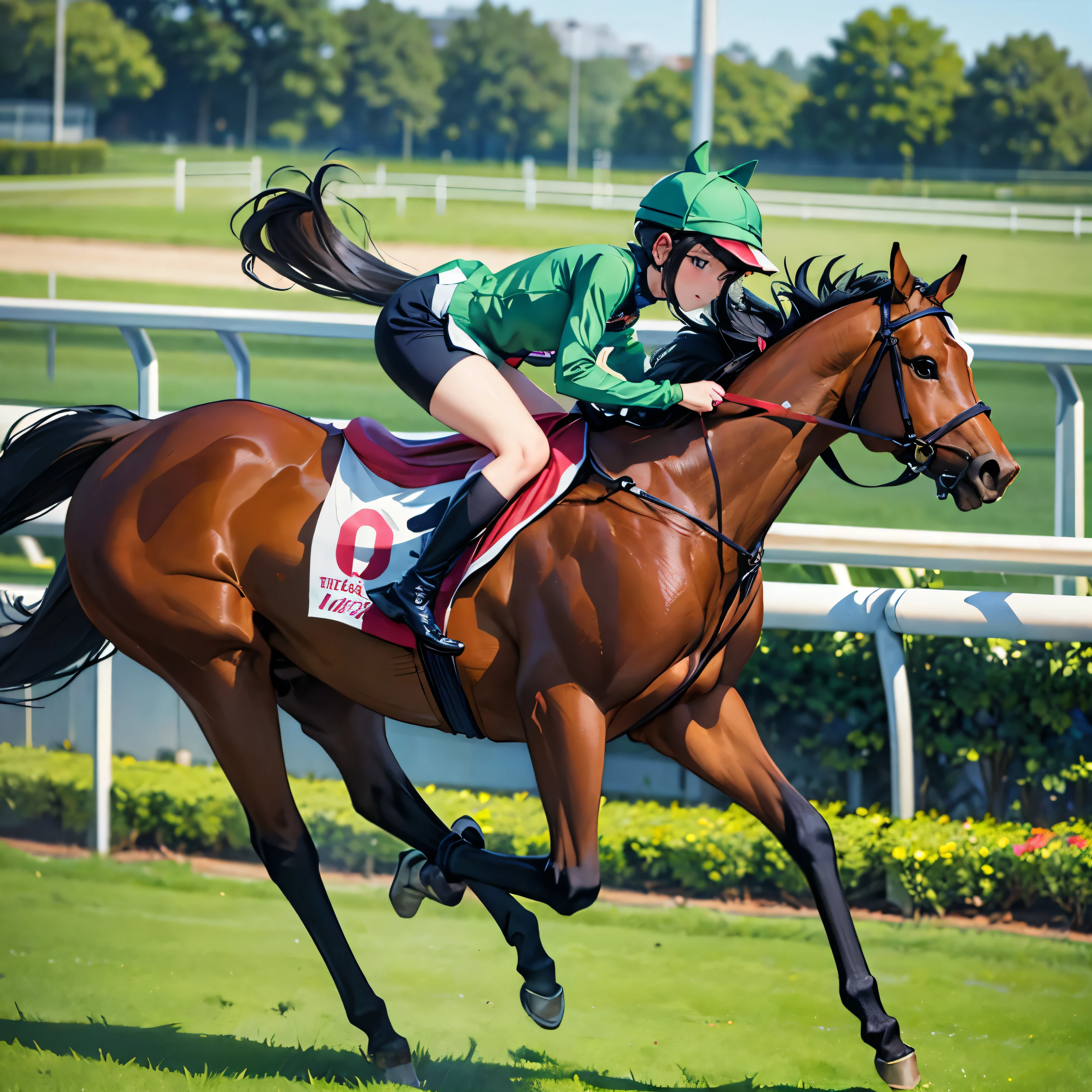 A cute anime-style woman dressed as a horse racing jockey　Jockey's attire　Ride a horse on a green racetrack　Speedy images