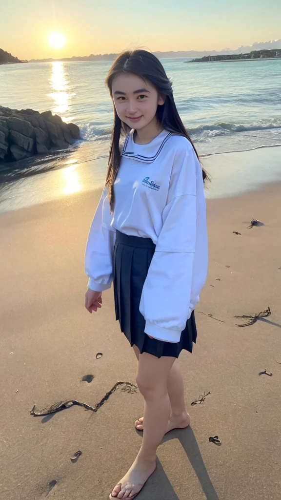 ((masterpiece:1.27、Every detail counts))At the beach dyed in the sunset、Cute Japanese  playing in the water by herself。She has straight black hair down to her shoulders、The bangs are cut straight above the eyebrows。She is wearing a traditional Japanese uniform.、The uniform is a sailor top with a white collar and navy blue lines.、And she is wearing a navy blue pleated skirt.。A red scarf is tied neatly around the chest of the top.。

She rolled up the sleeves of her uniform to her elbows、The hem of my skirt is also a little wet.。Walk barefoot on the sandy beach、I smile every time a wave hits my feet.。Her feet are white and small、There&#39;s fine sand on my toes。She was happily splashing around on the shoreline.、Occasionally, they scoop up seawater with their hands and throw it back into the waves.。Every time the water touches your feet it splashes a little.、They seem to be having fun.。

The blue sea and white sandy beach spread out in the background.、And the beautiful orange sky at sunset is depicted.。A small island in the distance々I can see、Seagulls are flying around。The shore is littered with small shells and driftwood.、The atmosphere is such that you can almost hear the sound of the waves.。Behind her、There was a school bag carelessly placed on the beach.、Next to it are carefully arranged shoes and socks.。The color of the bag is black、Embroidered school logo。Overall、Relaxing after school and、This is a scene that brings back fond memories of the end of summer.。
