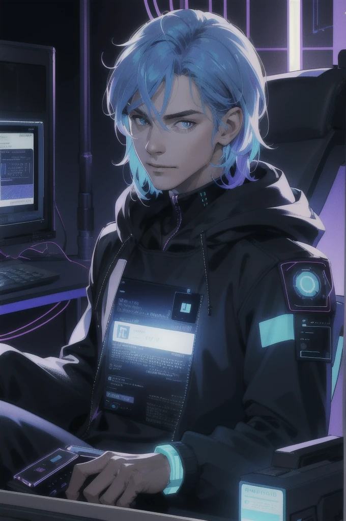 (absurdres, highres, ultra detailed), 1 male, mature, manly, tall muscular, handsome, finely detailed eyes, intricate details, portrait, looking at viewer, solo, half shot, detailed background, detailed face, (1980s synthwave theme:1.1)  high-tech futuristic hacker, smirk, advanced technology, hoodie, techwear, wearable device, keycard, cables,   (holographic display:1.05),   computer, password, control panel in background, blue lights,  dark sinister atmosphere, shadows,