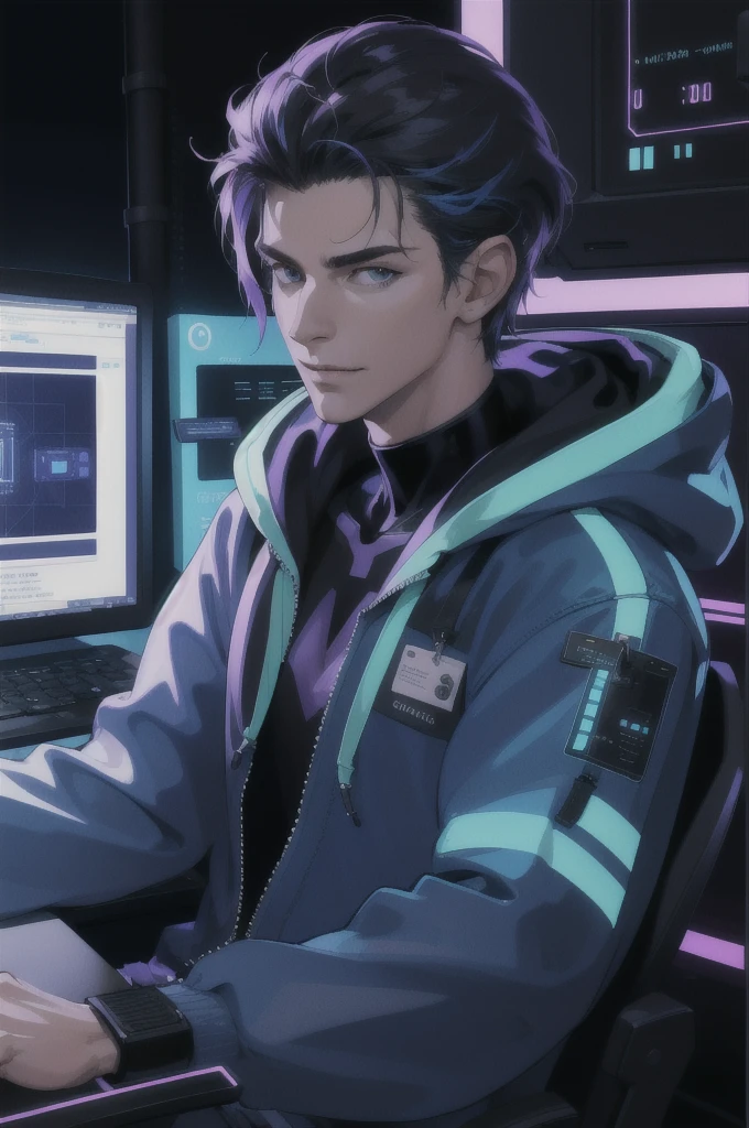 (absurdres, highres, ultra detailed), 1 male, mature, manly, tall muscular, handsome, finely detailed eyes, intricate details, portrait, looking at viewer, solo, half shot, detailed background, detailed face, (1980s synthwave theme:1.1)  high-tech futuristic hacker, smirk, advanced technology, hoodie, techwear, wearable device, keycard, cables,   (holographic display:1.05),   computer, password, control panel in background, blue lights,  dark sinister atmosphere, shadows,