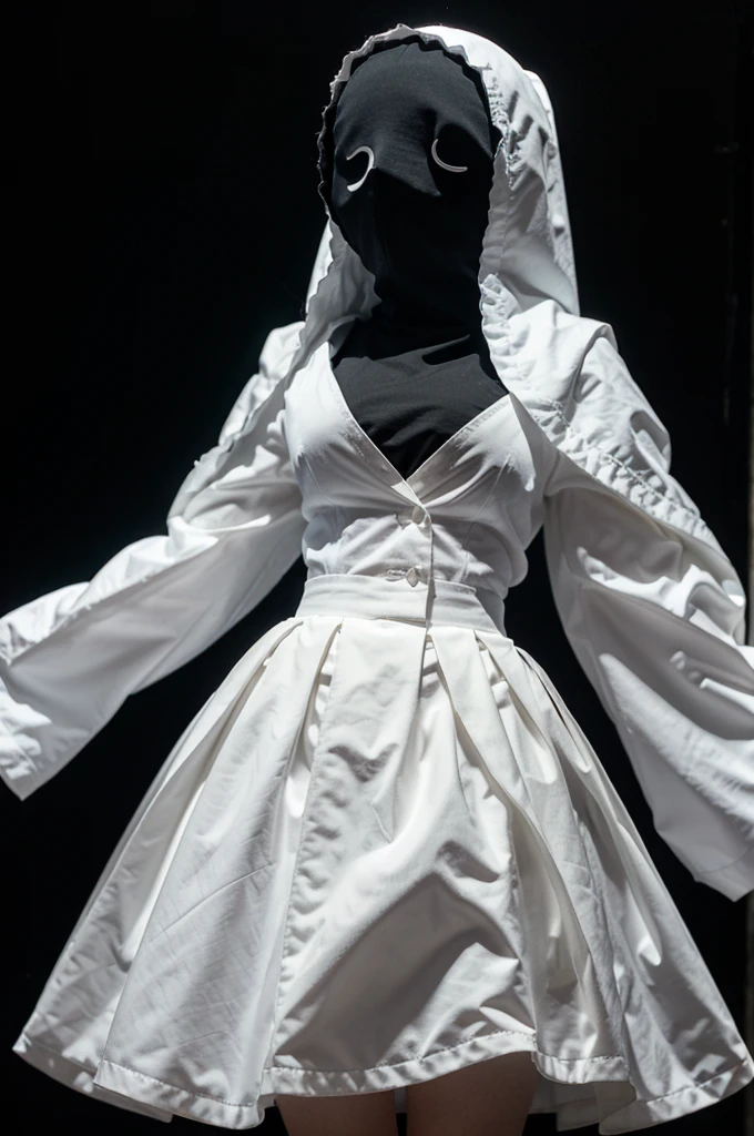 Ghost in full white skirt, hands raise like puppet, full body, no face, ultra realistic, detailed, black background