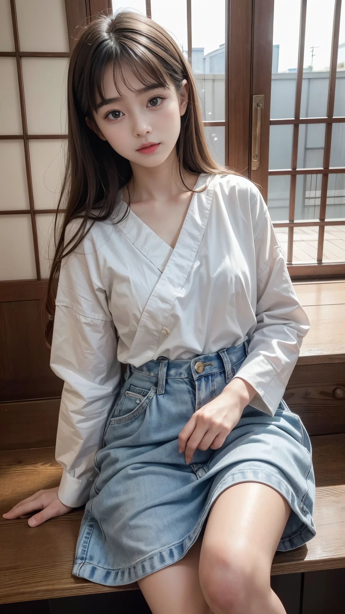 (Highest quality, 8K, masterpiece:1.2, RAW Photos), (Realistic:1.2), Beautiful girl, Japanese, (Innocent face, 14 year old beautiful girl:1.2, Baby Face:1.5, Idol's face), ((Playing electric guitar:1.2))、(Stand with your feet apart:1.2, White panties shot:1.4), (Cute tank top), (Black mini skirt), (Oversized cloth, Sloppy clothing, Casual clothing), Silky beautiful hair, Short pigtails, ((on stage at a rock concert:1.3)), ((Detailed eyes and face:1.2, Professional photography techniques, Stage lighting)),