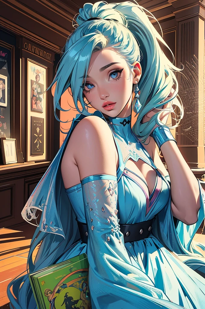 (masterpiece, top quality, best quality, official art, beautiful and aesthetic:1.2), young (1girl:1.3),  hair, long hair, (colorful eyes:1.3), extremely detailed, colorful, (highly detailed CG illustration), (looking at viewer), cinematic light, solo, half body, (character focus), ),, extravagant makeup, full lips, sexy pose, clothes ASIDE , used condoms, partially naked, shiny skin, seraphine1, blue ponytail