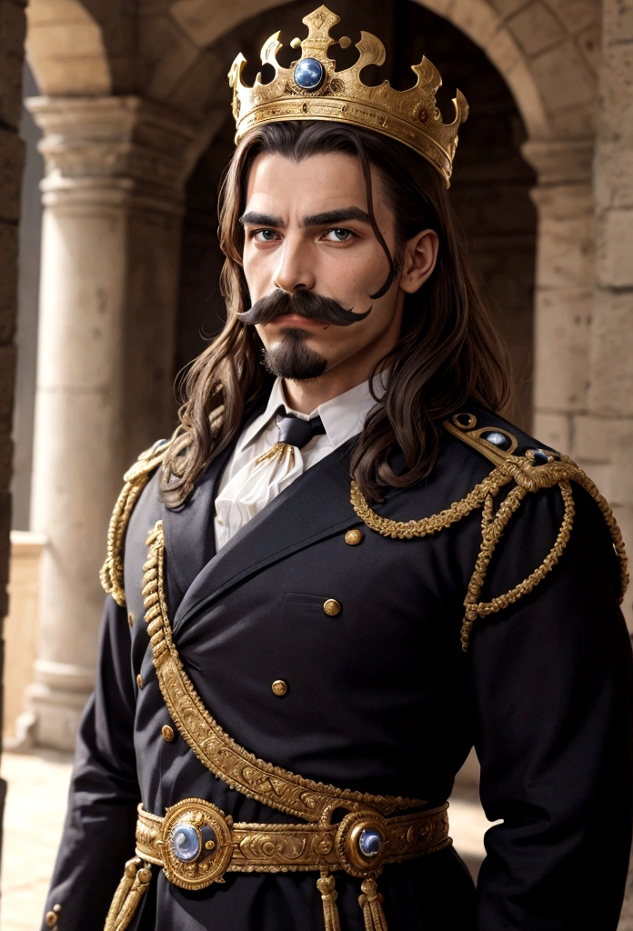 king, moustache cheveux cour, couronne, vêtement de guerrier, regard vers la camera