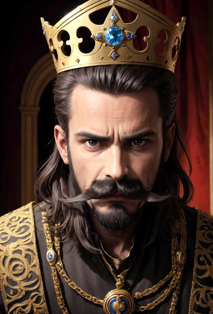 king, moustache cheveux cour, couronne, vêtement de guerrier, regard vers la camera