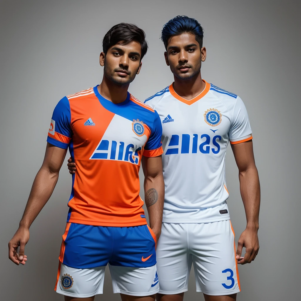 Indian football kit with blue and white as primary colours and orange for Addidas stripes . Top half of shirt covered with blue whereas bottom half with white . Shorts should be white in colour