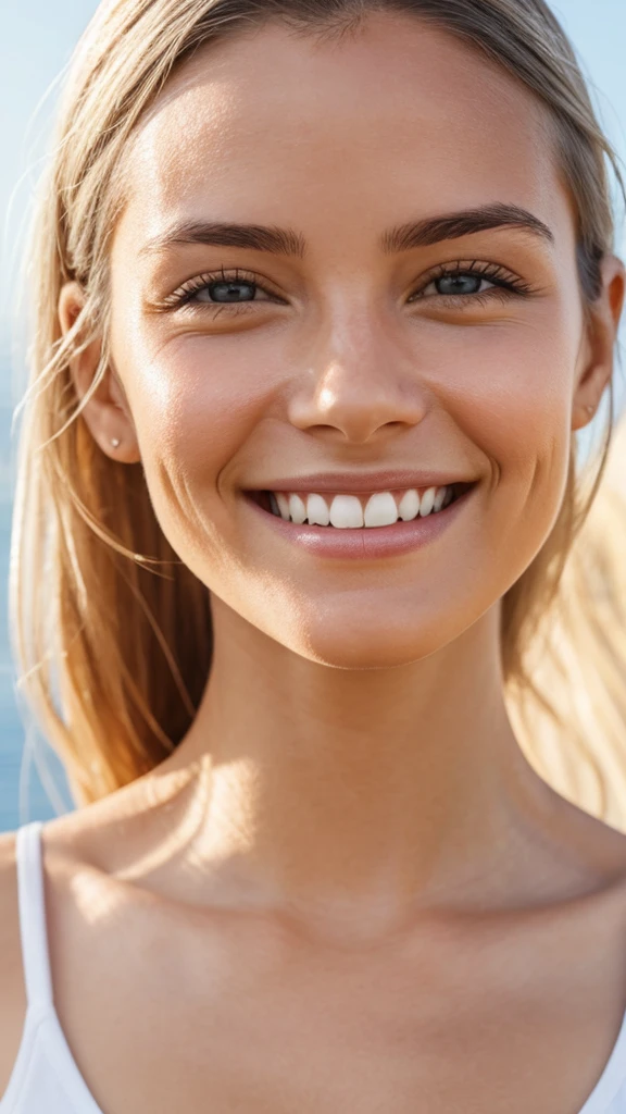 A close-up of a smiling, refreshed face, radiating health and balance from proper hydration.
