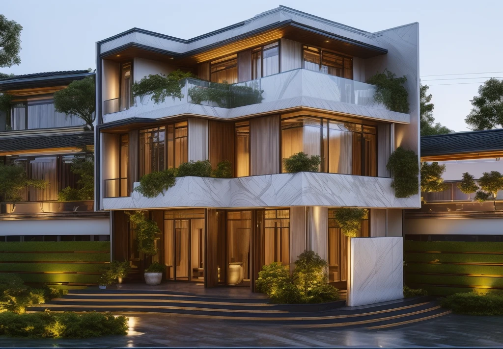 3D render of a beautiful house. lumion render, lumion rendering, beautifully detailed render, high-quality render, night time render, insanely detailed rendering, realistic architecture, highly detailed render, high quality rendering, architectural visualization. The house is adorned with elegant lighting and plants to enhance its exterior appearance in a Vietnam city street, Behind are hills and mountains with clear blue sky. Aerial view of the tranquil garden with lush green grass, winding paths leading to an elegant koi pond surrounded by ornamental fish and tropical plants.  The house looks like a fairy tale, with a large porch to sit and drink tea with wooden panels and LED lights. The simple design features a dark grey color marble cladding scheme with big windows on the first floor and a small balcony above it with green plants. This space creates natural beauty that can be used as a serene spot to relax or enjoy nature. The main door is made of aluminum and glass reaching to the ceiling. Ground floor full glass door, The main door is made of art glass, the windows are large and the ceiling is made of glass. Looking into the house through the middle glass window is the living room, the left glass window is the kitchen, the right glass window is the bedroom, interior lighting rendering and lighting effects. It is an architectural rendering with a perspective view and daylight lighting. taken with professional photography techniques, using a wide angle lens with bright natural light and high resolution details, in the style of photorealistic architectural rendering, in the style of professional photograph, hyper realistic, highly detailed.