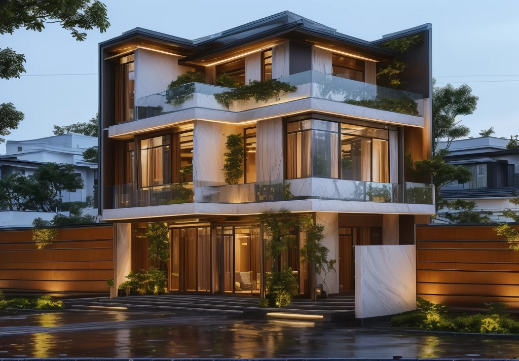 3D render of a beautiful house. lumion render, lumion rendering, beautifully detailed render, high-quality render, night time render, insanely detailed rendering, realistic architecture, highly detailed render, high quality rendering, architectural visualization. The house is adorned with elegant lighting and plants to enhance its exterior appearance in a Vietnam city street, Behind are hills and mountains with clear blue sky. Aerial view of the tranquil garden with lush green grass, winding paths leading to an elegant koi pond surrounded by ornamental fish and tropical plants.  The house looks like a fairy tale, with a large porch to sit and drink tea with wooden panels and LED lights. The simple design features a dark grey color marble cladding scheme with big windows on the first floor and a small balcony above it with green plants. This space creates natural beauty that can be used as a serene spot to relax or enjoy nature. The main door is made of aluminum and glass reaching to the ceiling. Ground floor full glass door, The main door is made of art glass, the windows are large and the ceiling is made of glass. Looking into the house through the middle glass window is the living room, the left glass window is the kitchen, the right glass window is the bedroom, interior lighting rendering and lighting effects. It is an architectural rendering with a perspective view and daylight lighting. taken with professional photography techniques, using a wide angle lens with bright natural light and high resolution details, in the style of photorealistic architectural rendering, in the style of professional photograph, hyper realistic, highly detailed.