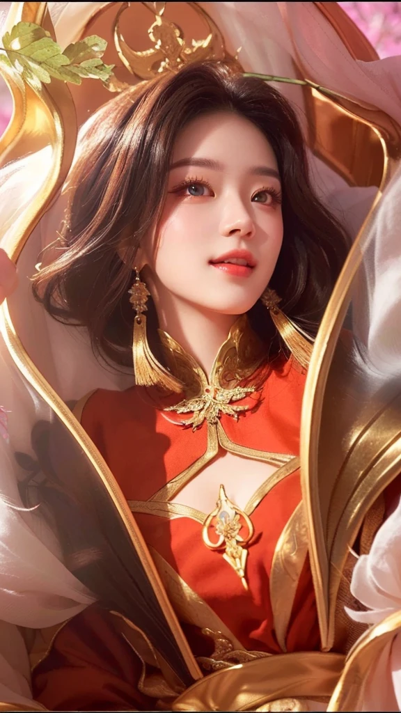 a beautiful detailed woman with striking eyes, elegant lips, smile, intricate hairstyle, standing in a mystical forest setting, highly detailed onmyoji-style portrait, ethereal lighting, warm color palette, masterpiece, 8k, photorealistic