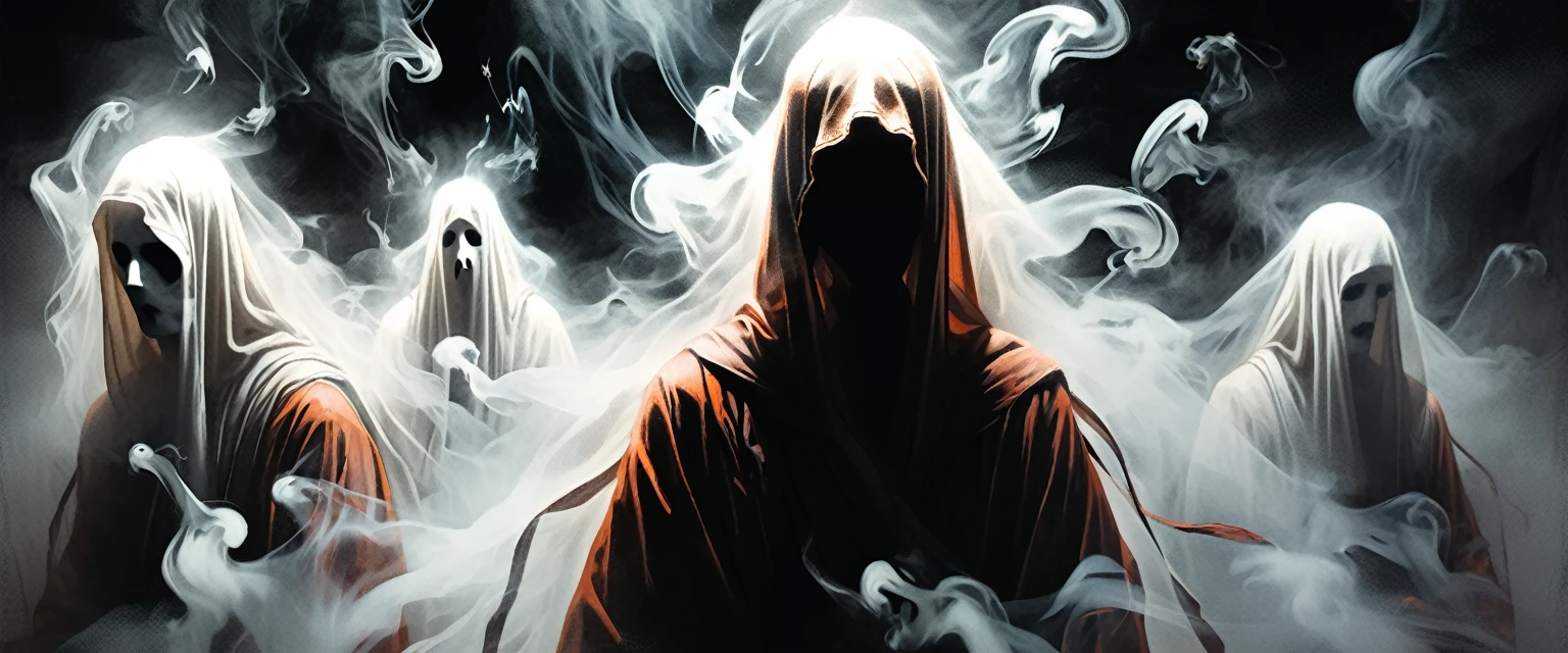 close up portrait of line ghosts of Buddhist monks, many ghosts, without faces, shadows, night, jungle, smoke, fog,  graphic style of novel comics,dark novel style, comic, 2d, 8k, hyperrealism, masterpiece, high resolution, best quality, ultra-detailed, super realistic, Hyperrealistic art, high-quality, ultra high res, highest detailed, lot of details, Extremely high-resolution details, incredibly lifelike, colourful, soft cinematic light,