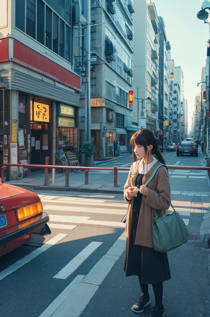 Earphones、Ghibli-style anime woman、reading、machine、Ghibli-style illustrations、City Pop