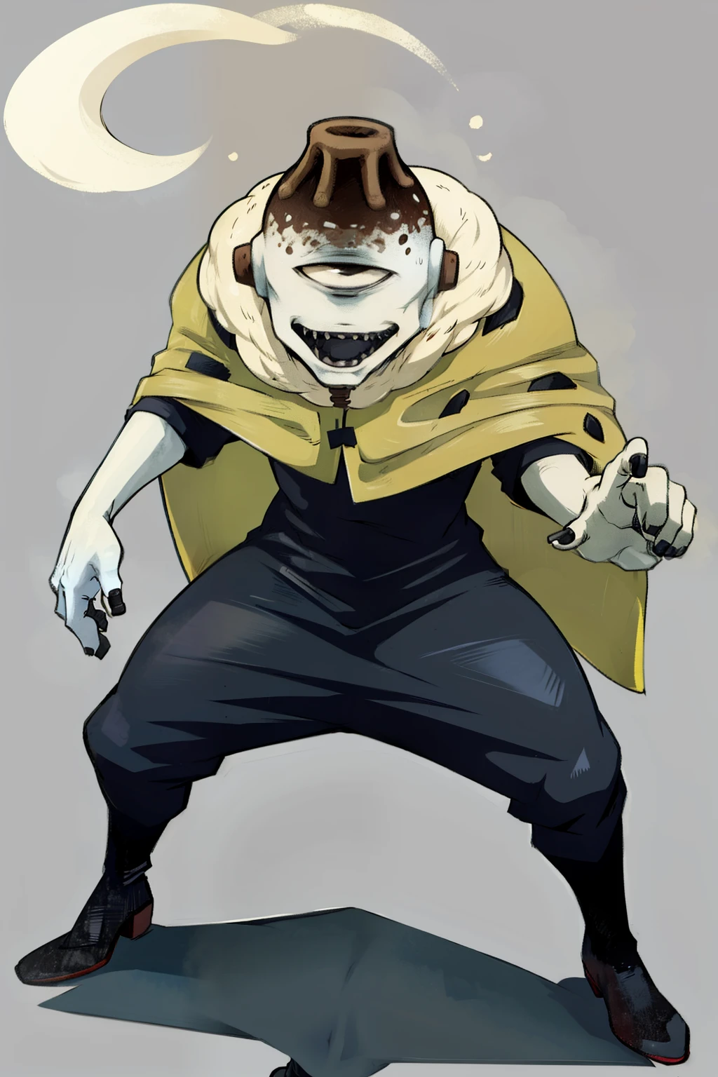 solo,1boy,jogo,cape,black_teeth,angry,(standing:1.2),(fighting_stance:1.2),outdoors,nuture_background,