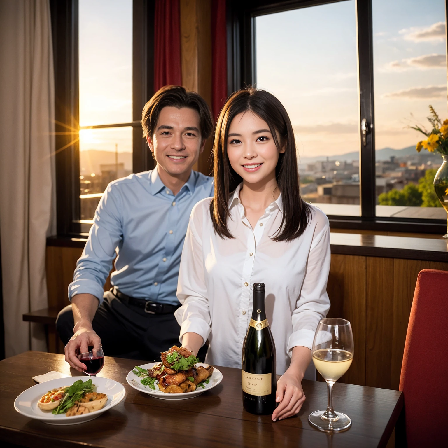 ((Highest quality、、masterpiece:1.3))、1 male、1 female、spouse、Beautiful couple、Japanese couple、smile、 (Slim face), (the body is スリム), (Brown Hair), (Shortcuts), ((Bob Hale、Straight hair:1.2)), テーブルの上のwine glass、Please shine a light on my face、 Amazing view of the sunset sky and clouds、Amazing mountain views、smileの美しさ、Bright imYear、Blushing, Shortcuts,Bright Face、 Year), 39 Year, red wine 、Appetizers、Italian food、Wine bottle、Champagne、sparkling wine、Long sleeve shirt、dress、Attractive beauty、restaurant, Nova Frog Style, actress, model, Upper Body, White wine, red wine, wine glass,