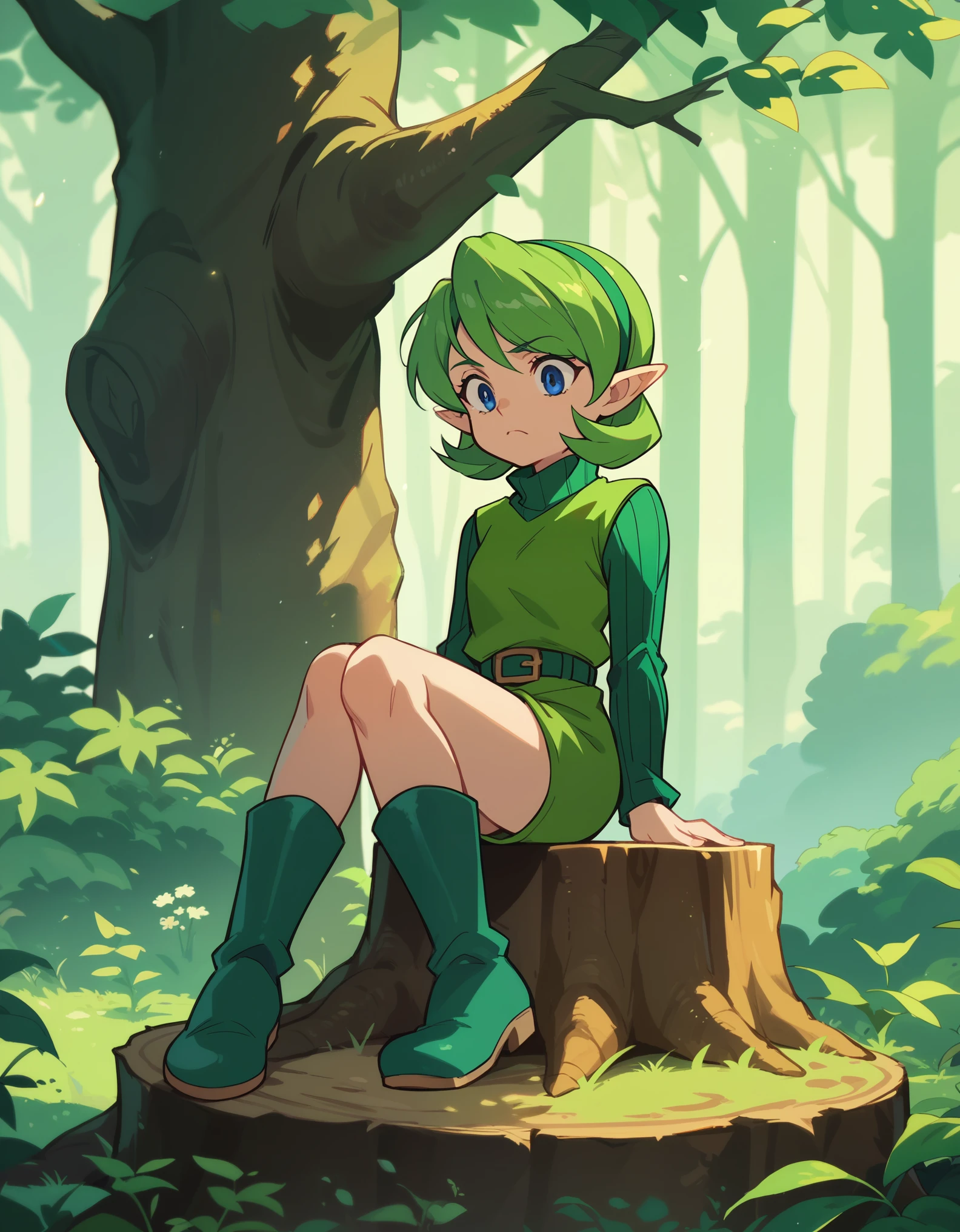 score_9,score_8,score_7,score_8_up,score_7_up,score_6_up, source_anime, anime screencap, saria, sweater,turtleneck,ribbed sweater,boots,belt,green footwear, 1girl, sitting on tree stump, forest,