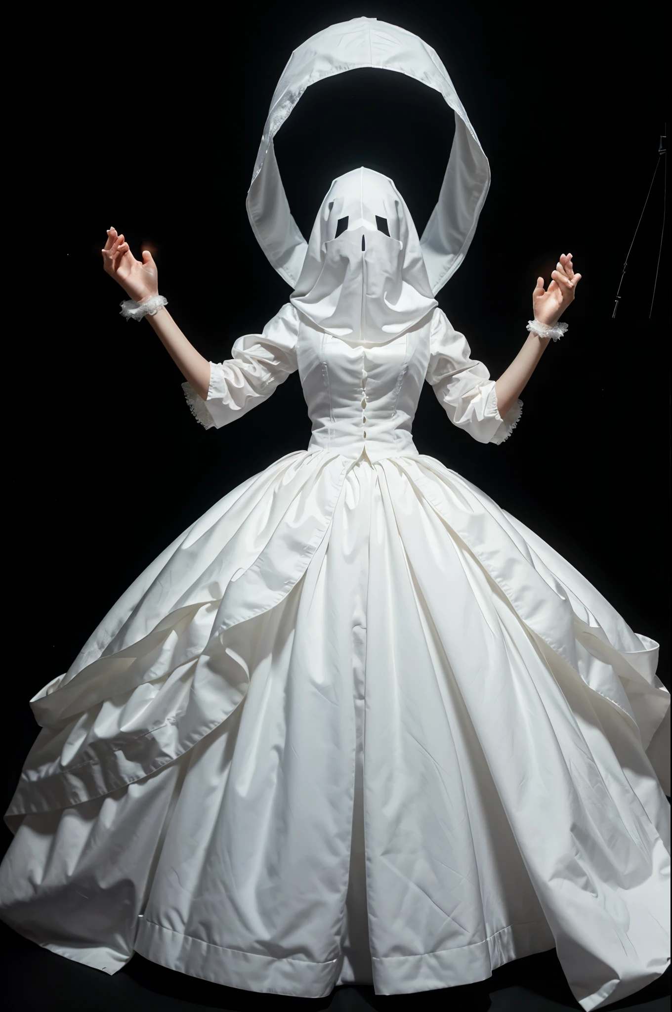 Ghost in white gown, hands raise like puppet, full body, no face, ultra realistic, detailed, black background