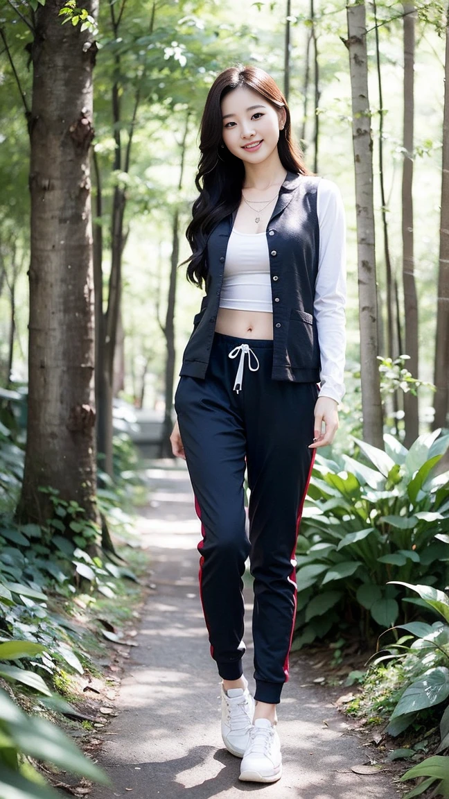 masterpiece, best quality, Surreal, Ultra Detailed, 8k resolution, RAW photos, Clear focus,Beautiful Korean woman, 36 inch chest size, Smile, Wearing a patterned vest, necklace,Long sweatpants,Full body posture, White shoes,Solitary, Perfect body, Become a,(a charming smile:1), (sexy pose),(A girl in the forest),