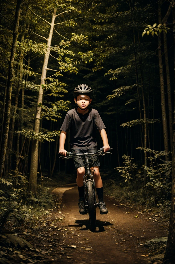 A boy is riding a bicycle in the forest at night