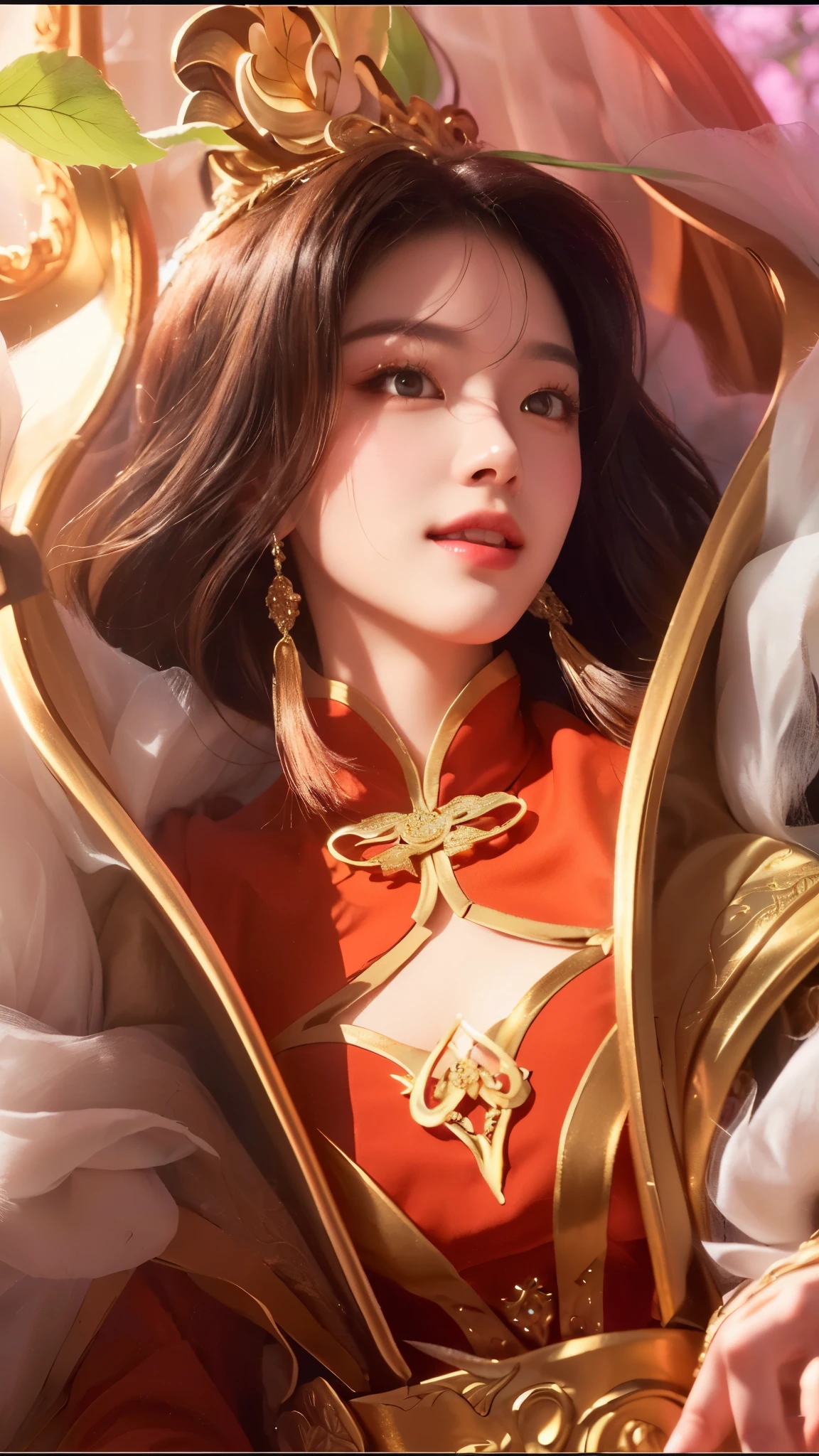 a beautiful detailed woman with striking eyes, elegant lips, smile, intricate hairstyle, standing in a mystical forest setting, highly detailed onmyoji-style portrait, ethereal lighting, warm color palette, masterpiece, 8k, photorealistic