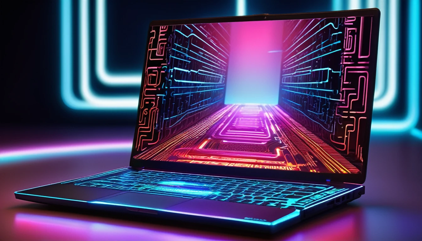 Futuristic Laptop: Create an image of an open laptop with a glowing keyboard and screen displaying a futuristic digital pattern. The setting should have a bokeh effect background with red and blue lights to give the impression of advanced technology in use at night.
Cybernetic Connection: Illustrate a connection between the laptop’s keyboard and the digital world. Show data streams flowing from the keys into a virtual landscape.
Neon Circuitry: Design a laptop where the keys are neon-lit circuit paths, weaving across the keyboard. The screen could display binary code or abstract digital art.