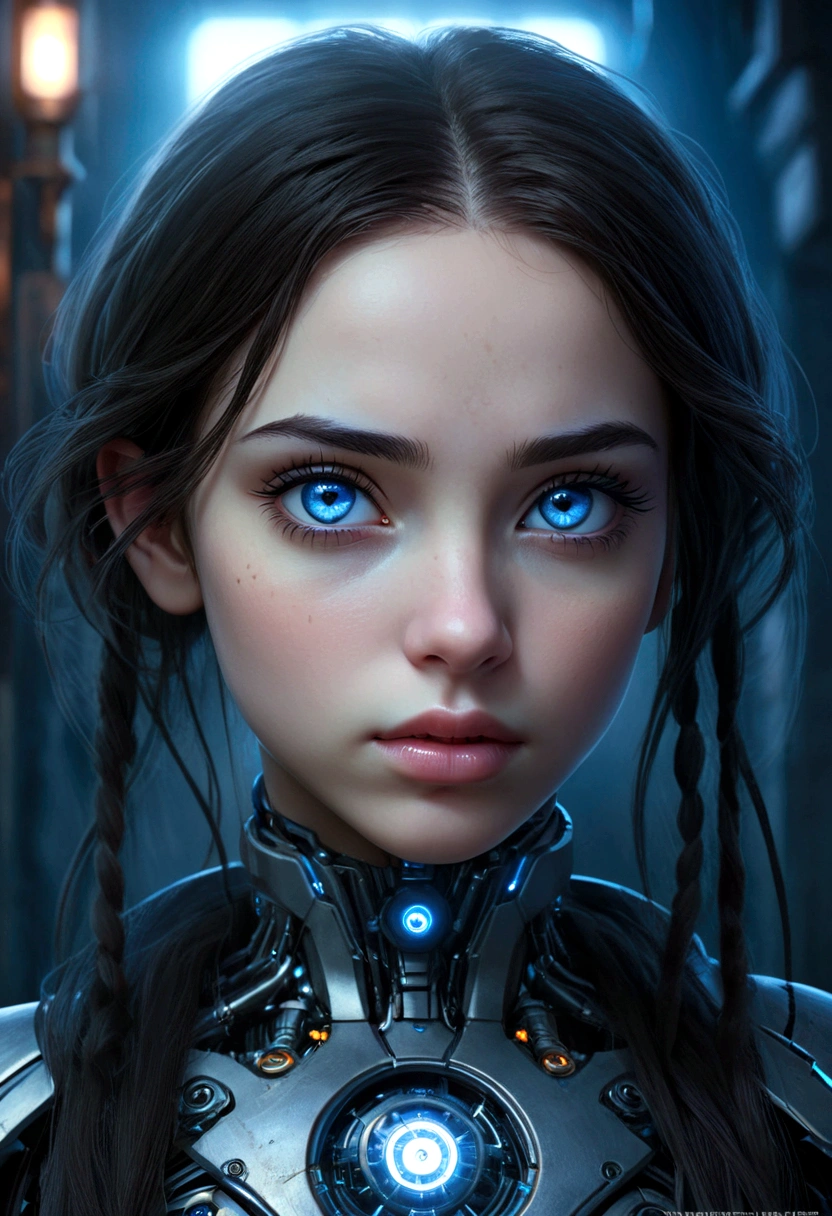 a young cyborg girl, daughter of severus snape, beautiful detailed eyes, beautiful detailed lips, extremely detailed eyes and face, long eyelashes, intricate cybernetic implants, glowing blue tech elements, sci-fi dystopian atmosphere, dramatic lighting, moody color palette, painterly digital art, photorealistic, 8k, best quality, masterpiece