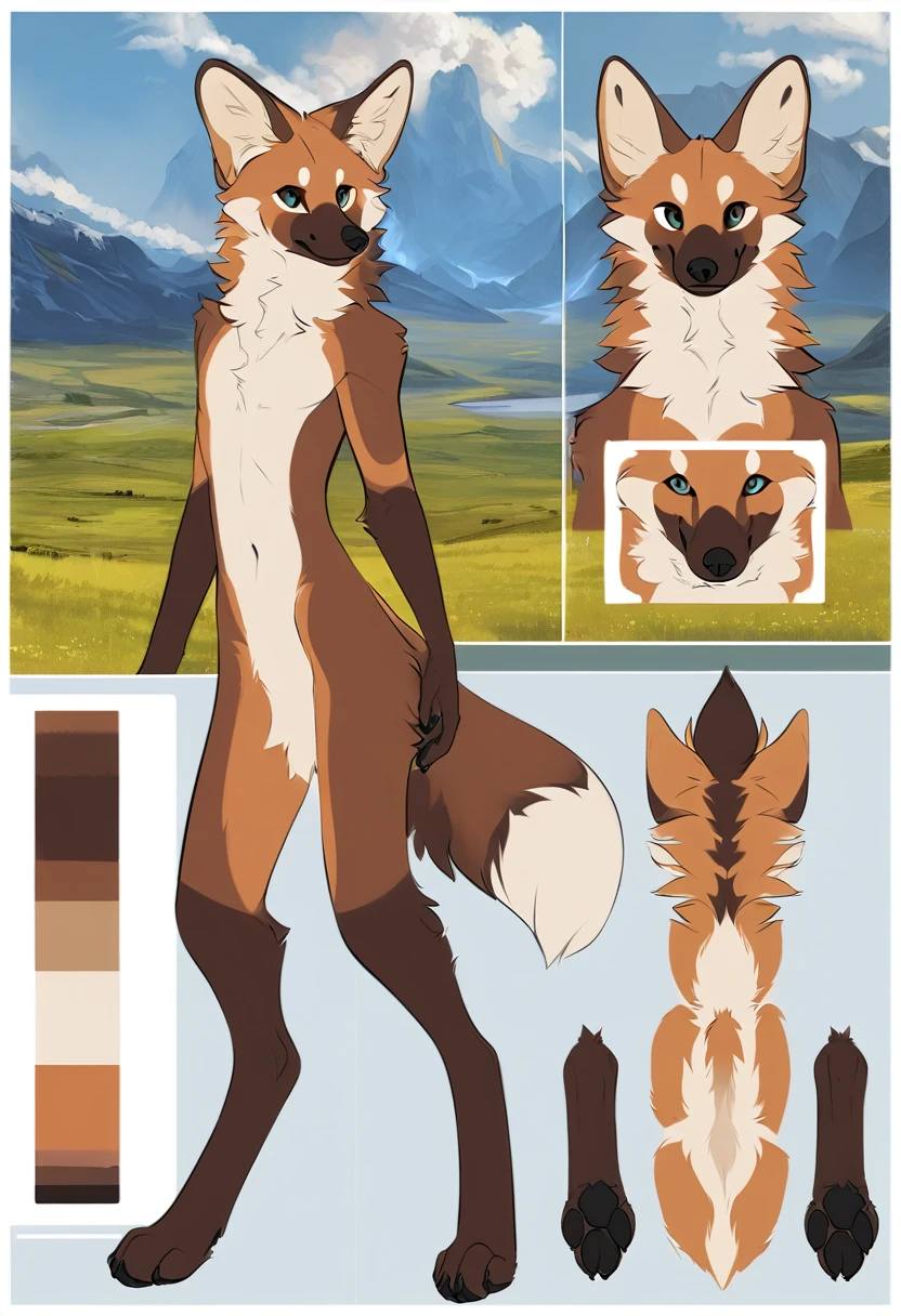 Solo, male, furry art, maned_wolf, fursona, (((brown primary fur))), white secondary, (perky ears), reference sheet, simple, amazing art, masterfully executed, beautiful background, normal body, paws hands.