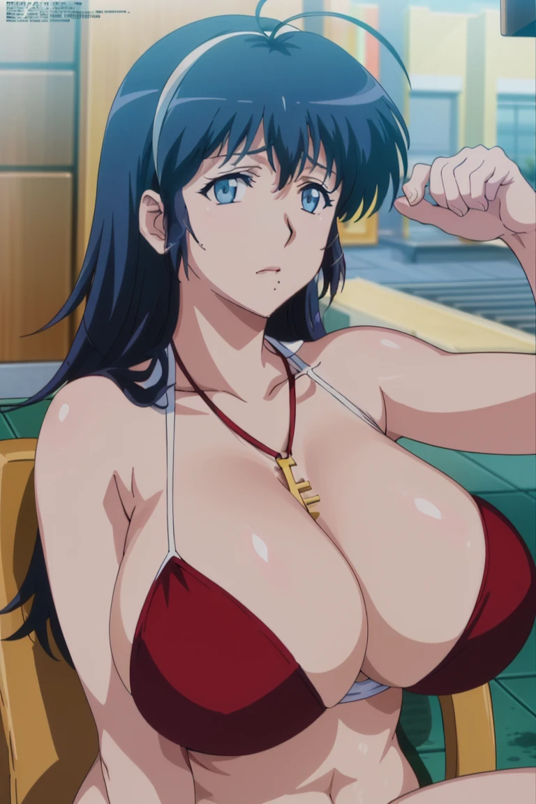 (Anime cel style, masterpiece, Highest quality, High resolution, Anime Color, Megami Magazine:1.2, Anime poster style, Anime key visual, sharp, 8K, Realistic), (Beautiful Eyes:1.5), Reiko_iwife, 1 Female, Mature Woman, Blonde, Long Hair, (Huge saggy breasts), Micro Bikini, Cleavage, (Upper Body:1.5), Sitting, (Perfectly detailed anatomy, Perfect Arms, Perfect Fingers, Beautiful Face, Perfect body, Shiny skin), hot spring, 