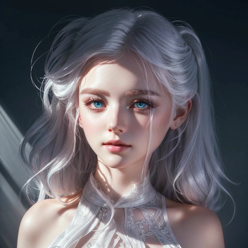 white hair, white curl hair, beautiful eye, beautiful fairy portrait, fantasy concept,pretty girl face,photo realism, cinematic rendering, ray tracing, highest quality, highest detail, Cinematic,8K, Ultra-HD, Natural Lighting, Moody Lighting, Cinematic Lighting
