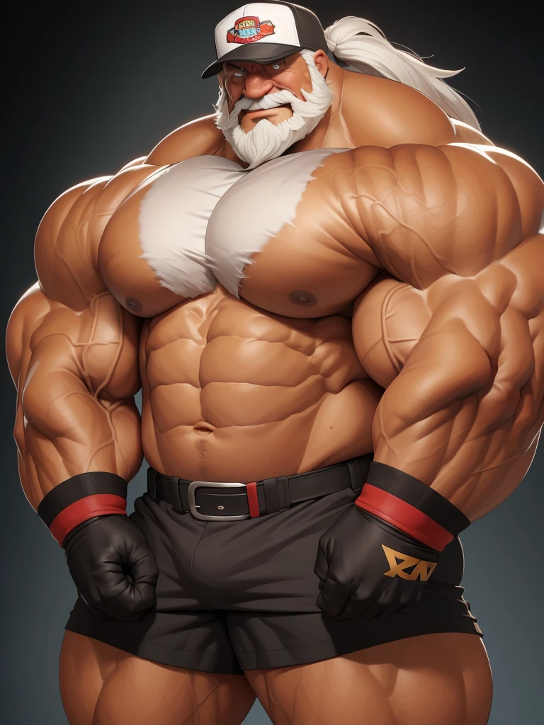 huge muscular old man , black background , wearing baseball hat, happy, pectoral, thick arms, huge pectoral, Puff out chest:1.2, bigger pec, bigger pectoral, hyper pec, hyper pectoral, extremely huge pectoral, wide pectoral, white hair, white beards, masterpiece, semirealistic:1.2, high detailed, 8k, high resolution, perfect center, full view. ((really big muscle, massive muscular, wide shoulders, sixpack, thick arms, wide pectoral, super huge muscle, hyper muscular, over sized muscle, huge arms, big arms, huge pectoral))