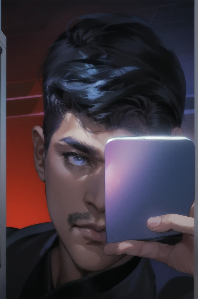 a mature tall muscular handsome man with finely detailed eyes and intricate facial features, looking directly at the viewer in a solo half-shot portrait, set against a detailed futuristic high-tech background with holographic displays, advanced technology, a control panel, dark shadows, and a sinister 1980s synthwave atmosphere