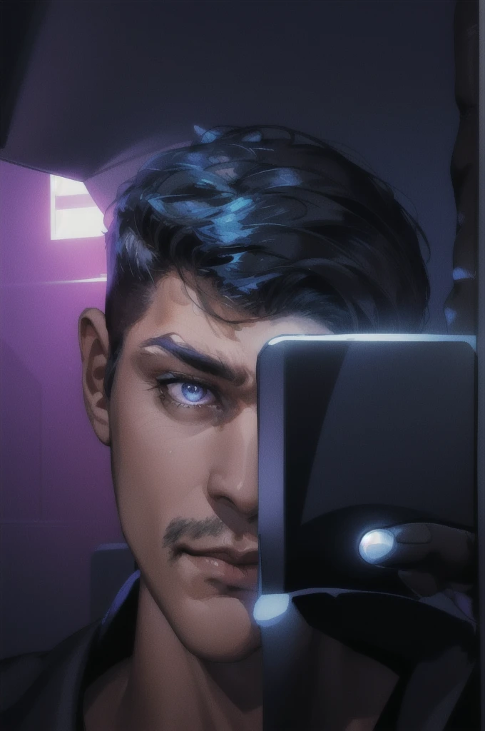 a mature tall muscular handsome man with finely detailed eyes and intricate facial features, looking directly at the viewer in a solo half-shot portrait, set against a detailed futuristic high-tech background with holographic displays, advanced technology, a control panel, dark shadows, and a sinister 1980s synthwave atmosphere