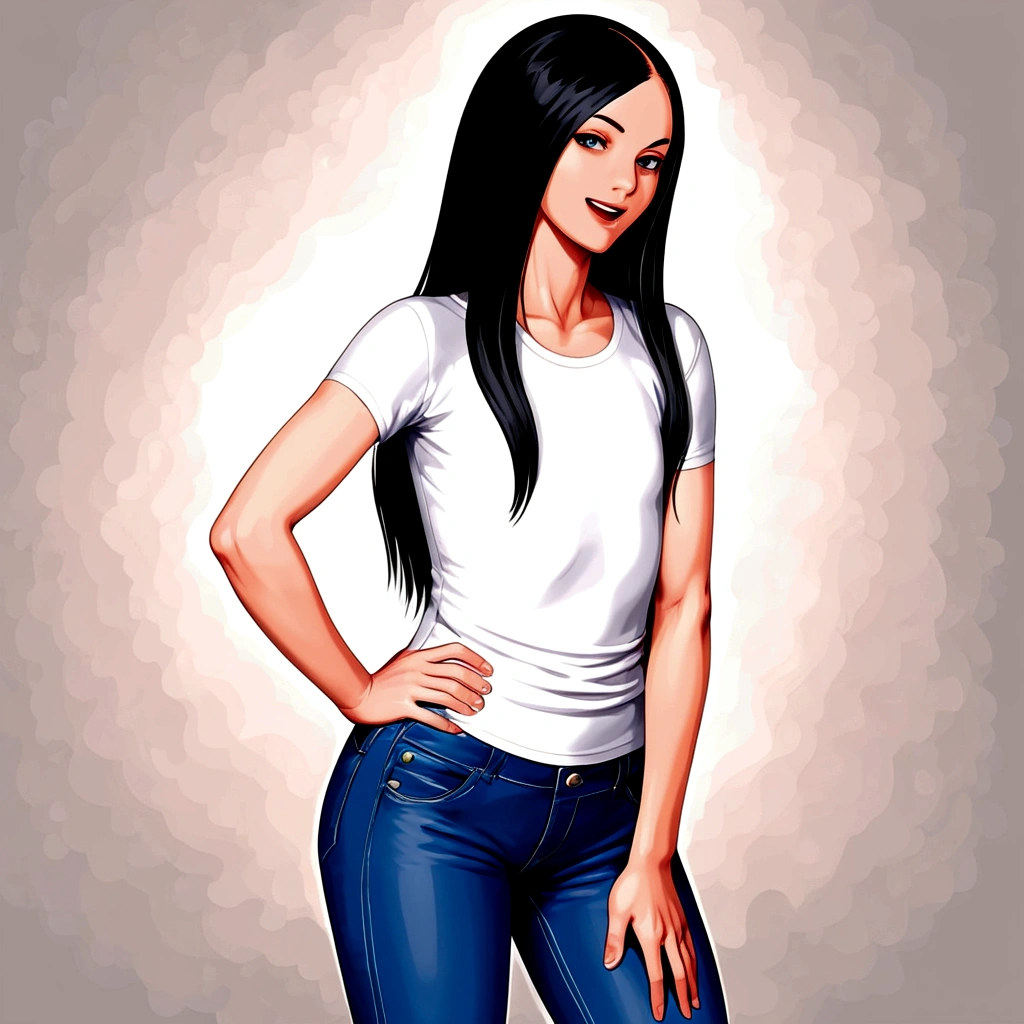 masterpiece , best quality , color , lineart , 1 girl , solo , 20 years old , flat chest , long hair , black hair , short sleeve , white tshirts , long pants , jeans , smirk , standing , hand on hip , open eyes , looking at viewer , open mouth , cowboy shot , from front , white backqround , simple backqround ,
