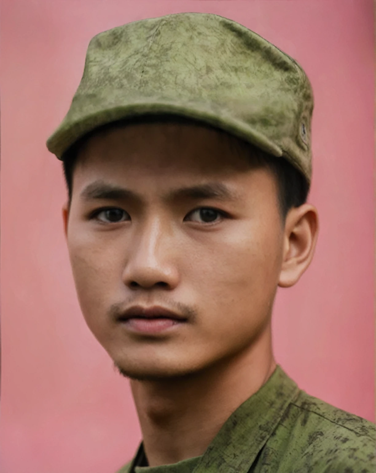 Highly realistic photo, Portrait of a 25 year old Vietnamese young boy, green shirt, Forest