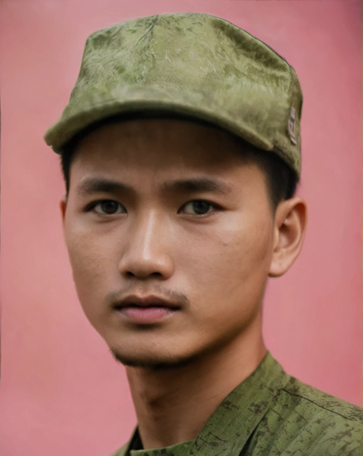 Highly realistic photo, Portrait of a 25 year old Vietnamese young boy, green shirt, Forest