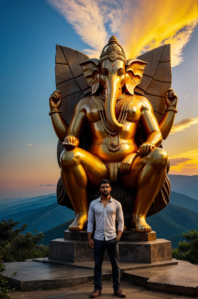 This image depicts a man standing on a mountain at sunset, with a large statue of Lord Ganesha in the background.