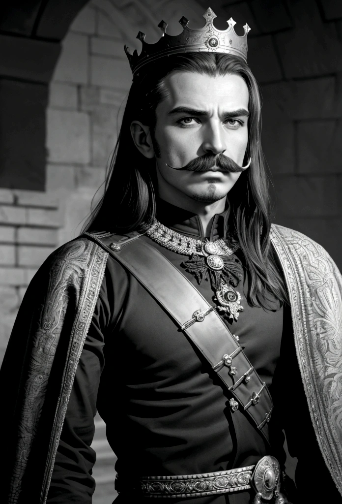 king médiéval moustache, cheveux cour, couronne, vêtement de guerrier, regard vers la camera